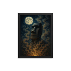 A Moai carving under moonlit Rapa Nui ritual smoke framed print mockup 12x16