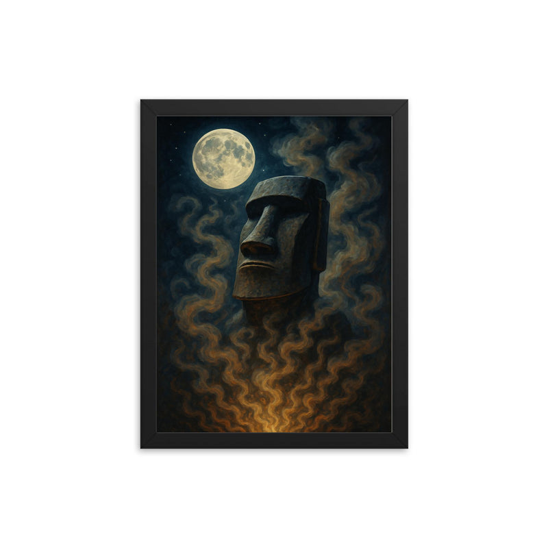 A Moai carving under moonlit Rapa Nui ritual smoke framed print mockup 12x16
