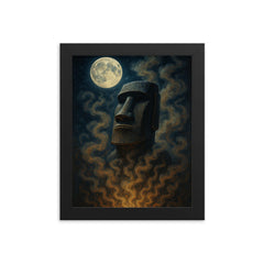 A Moai carving under moonlit Rapa Nui ritual smoke framed print mockup 8x10