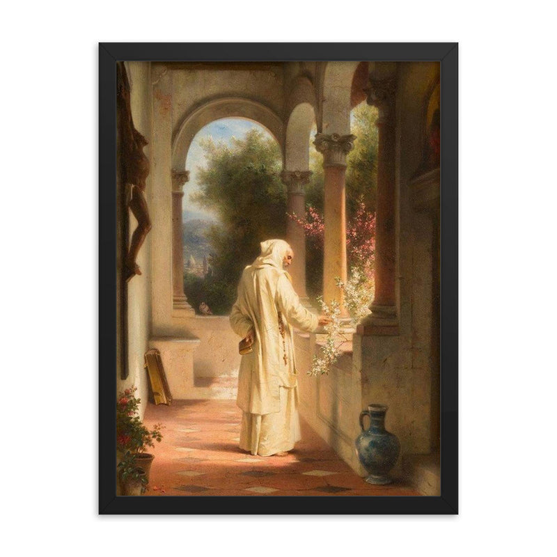 A Monk Walking Through a Monastery Near Florence by Erich Correns, 1874 framed print on a plain backdrop in size 18