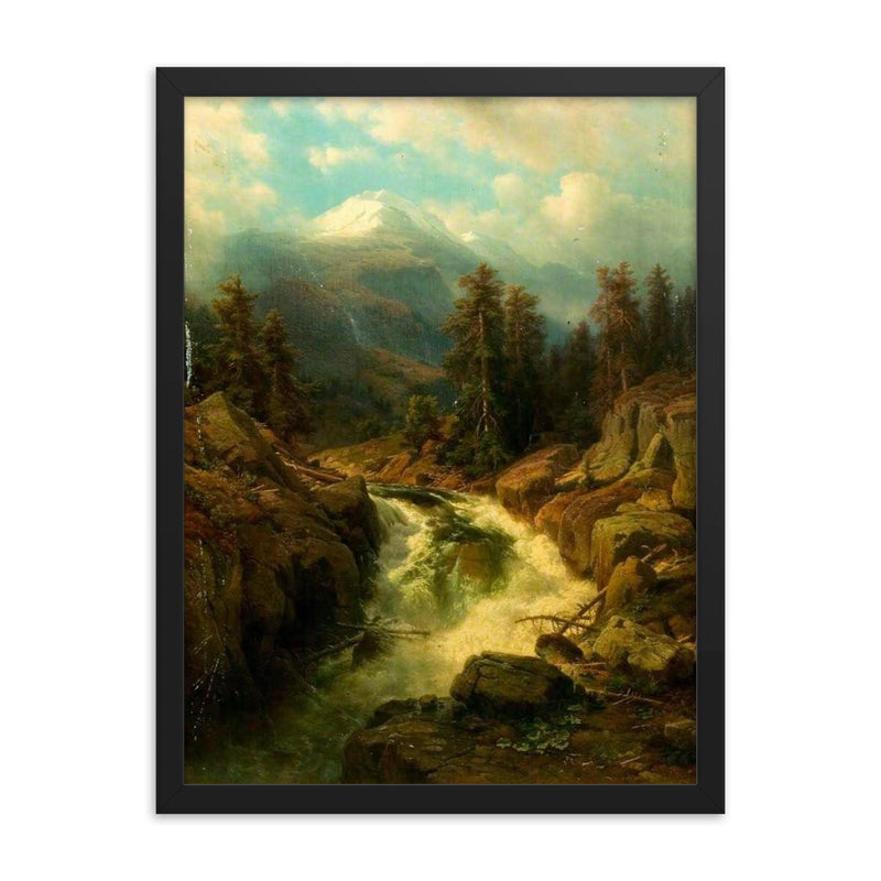 A Mountain Torrent by Johann Wilhelm Lindlar, 1860 framed print on a plain backdrop in size 18