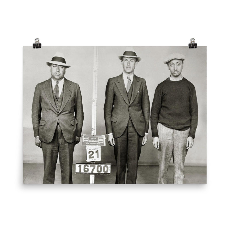 A New York City Police mug shot of gangster bootlegger Waxey Gordon and two of his associates, New York, 1933 poster on a plain backdrop in size 8