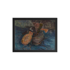 A Pair of Boots by Vincent van Gogh, 1887 framed print on a plain backdrop in size 12"x16".