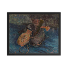 A Pair of Boots by Vincent van Gogh, 1887 framed print on a plain backdrop in size 16"x20".