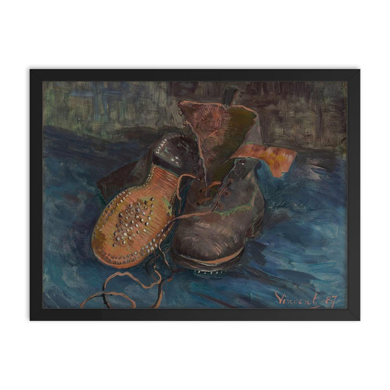 A Pair of Boots by Vincent van Gogh, 1887 framed print on a plain backdrop in size 18