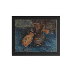 A Pair of Boots by Vincent van Gogh, 1887 framed print on a plain backdrop in size 8"x10".