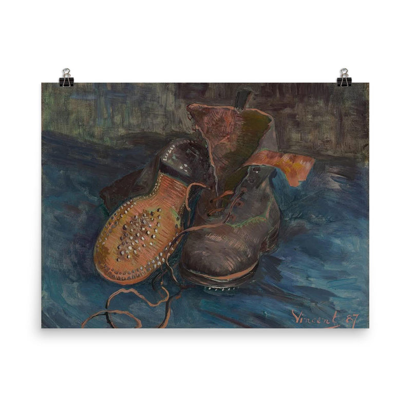 A Pair of Boots by Vincent van Gogh, 1887 poster on a plain backdrop in size 8