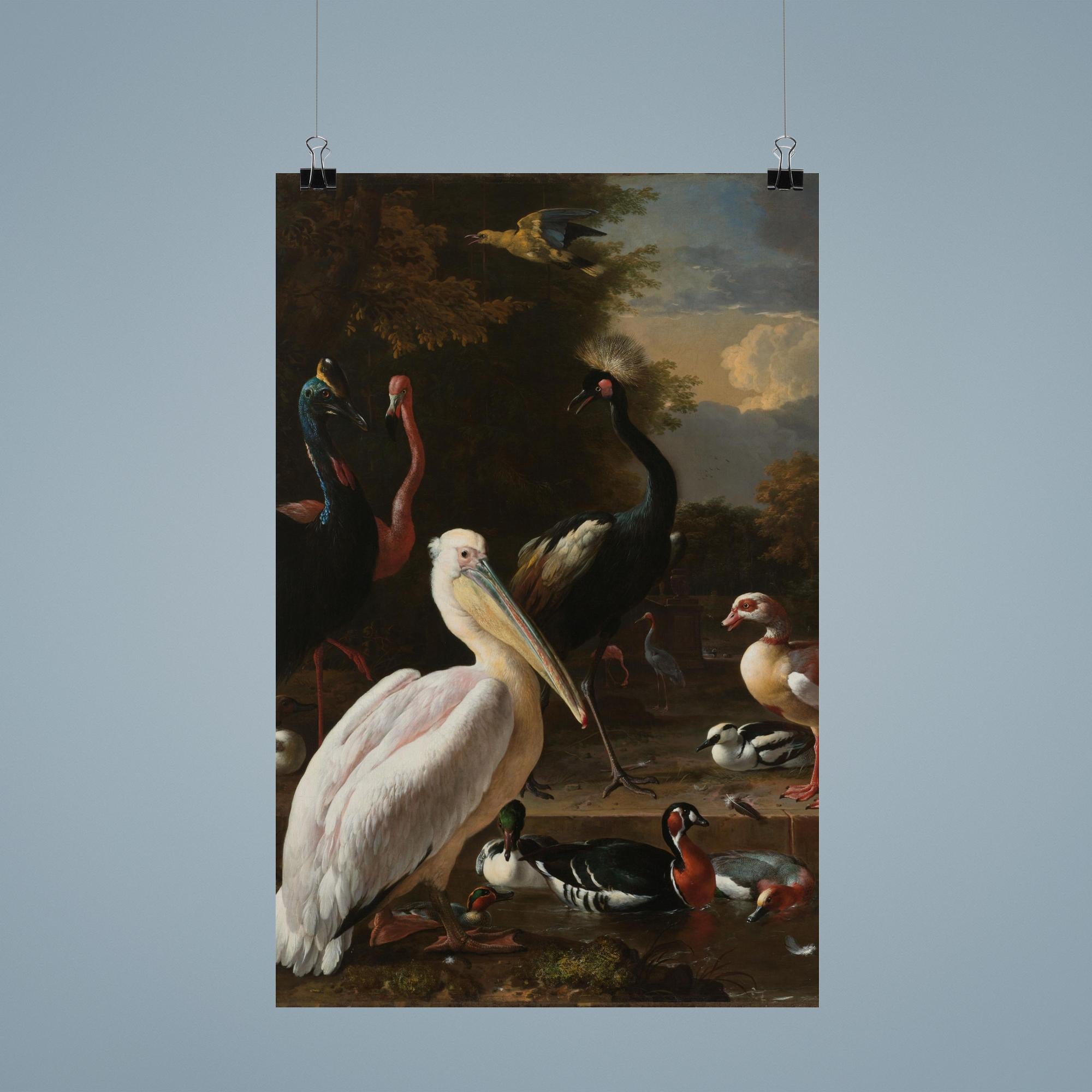 A Pelican and other Birds near a Pool, Known as ‘The Floating Feather’ by Melchior d' Hondecoeter, 1680 poster 9