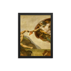 A recreation of The Creation of Adam fresco but God is passing a slice of pizza framed print on a plain backdrop in size 12"x16".