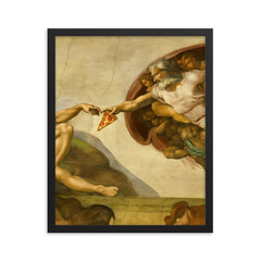 A recreation of The Creation of Adam fresco but God is passing a slice of pizza framed print on a plain backdrop in size 16"x20".