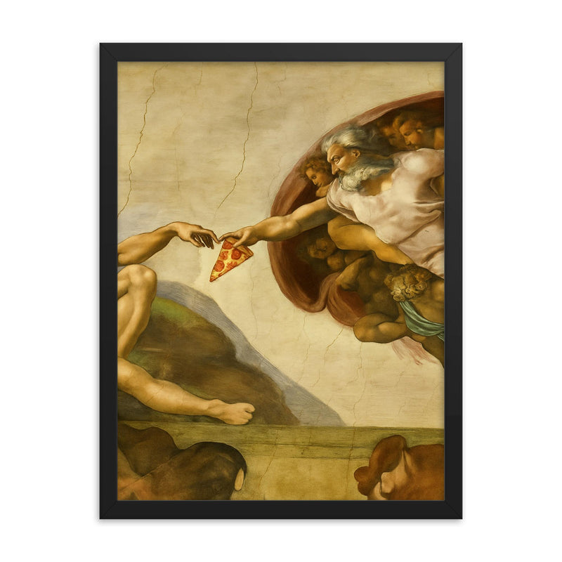 A recreation of The Creation of Adam fresco but God is passing a slice of pizza framed print on a plain backdrop in size 18