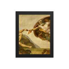 A recreation of The Creation of Adam fresco but God is passing a slice of pizza framed print on a plain backdrop in size 8"x10".