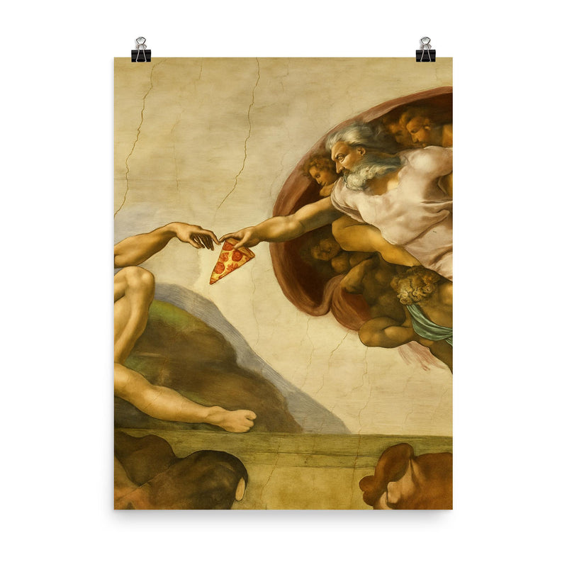 A recreation of The Creation of Adam fresco but God is passing a slice of pizza poster on a plain backdrop in size 8