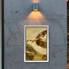 A recreation of The Creation of Adam fresco but God is passing a slice of pizza poster 2