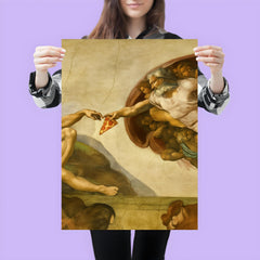 A recreation of The Creation of Adam fresco but God is passing a slice of pizza poster 3