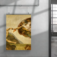 A recreation of The Creation of Adam fresco but God is passing a slice of pizza poster 4