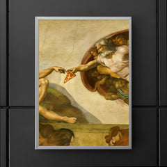 A recreation of The Creation of Adam fresco but God is passing a slice of pizza poster 5