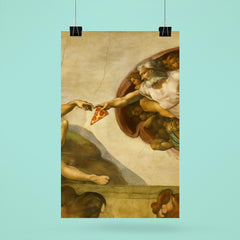 A recreation of The Creation of Adam fresco but God is passing a slice of pizza poster 6