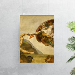 A recreation of The Creation of Adam fresco but God is passing a slice of pizza poster 7