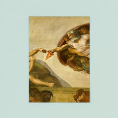 A recreation of The Creation of Adam fresco but God is passing a slice of pizza poster 8