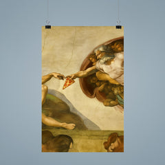 A recreation of The Creation of Adam fresco but God is passing a slice of pizza poster 9