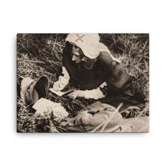 A Red Cross Nurse Writing Down the Last Words of a Mortally Wounded Soldier, 1917 canvas print on a plain backdrop in size 18"x24".