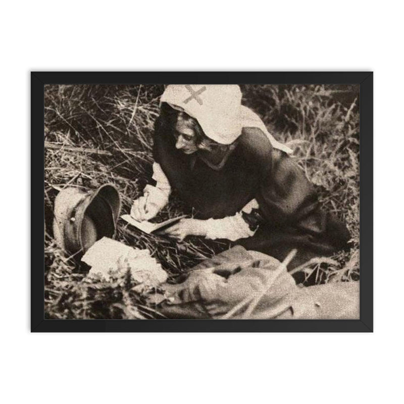 A Red Cross Nurse Writing Down the Last Words of a Mortally Wounded Soldier, 1917 framed print on a plain backdrop in size 18