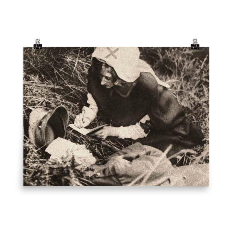 A Red Cross Nurse Writing Down the Last Words of a Mortally Wounded Soldier, 1917 poster on a plain backdrop in size 8
