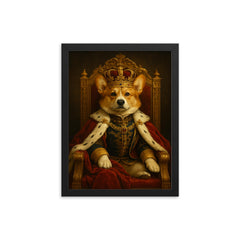 A regal Corgi in full royal regalia and crown sitting on an ornate throne framed print on a plain backdrop in size 12"x16".