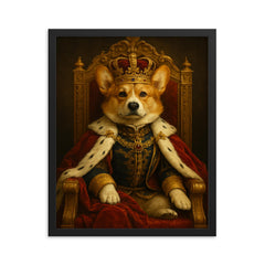 A regal Corgi in full royal regalia and crown sitting on an ornate throne framed print on a plain backdrop in size 16"x20".