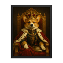 A regal Corgi in full royal regalia and crown sitting on an ornate throne framed print on a plain backdrop in size 18"x24".