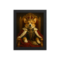 A regal Corgi in full royal regalia and crown sitting on an ornate throne framed print on a plain backdrop in size 8"x10".