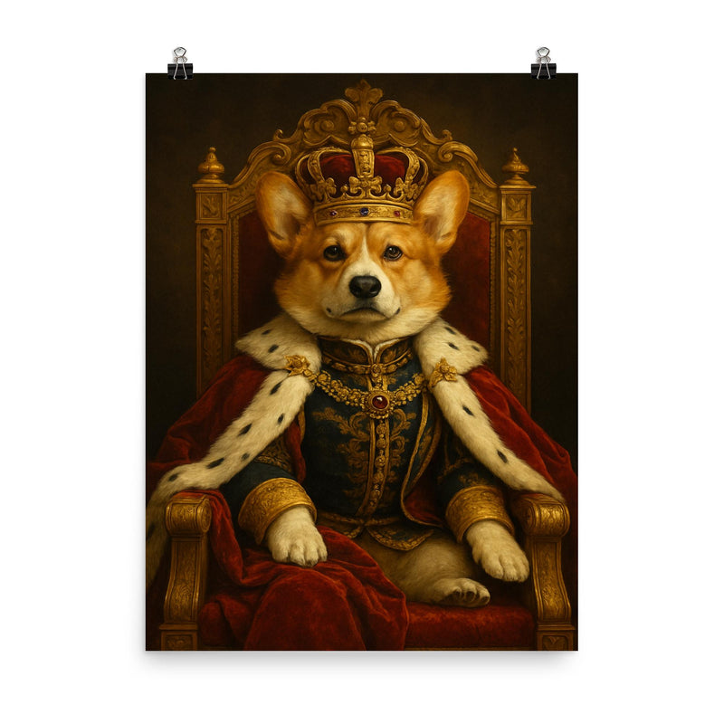 A regal Corgi in full royal regalia and crown sitting on an ornate throne poster on a plain backdrop in size 8