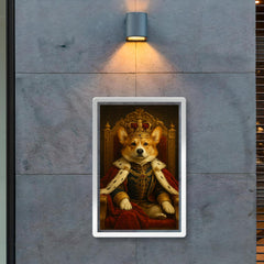 A regal Corgi in full royal regalia and crown sitting on an ornate throne poster 2