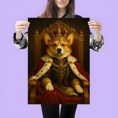 A regal Corgi in full royal regalia and crown sitting on an ornate throne poster 3