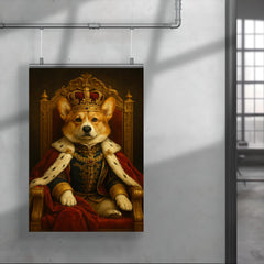 A regal Corgi in full royal regalia and crown sitting on an ornate throne poster 4