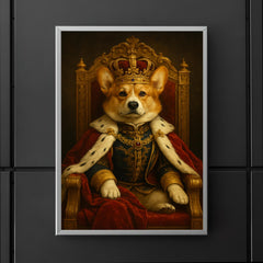 A regal Corgi in full royal regalia and crown sitting on an ornate throne poster 5