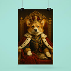 A regal Corgi in full royal regalia and crown sitting on an ornate throne poster 6