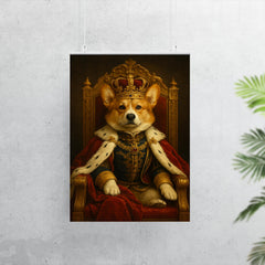 A regal Corgi in full royal regalia and crown sitting on an ornate throne poster 7