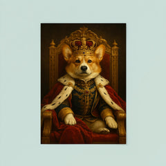 A regal Corgi in full royal regalia and crown sitting on an ornate throne poster 8