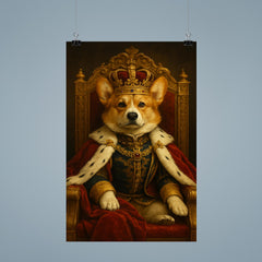 A regal Corgi in full royal regalia and crown sitting on an ornate throne poster 9