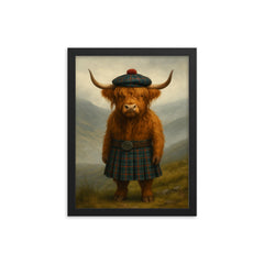 A Scottish Highland Cow wearing a kilt and tam o' shanter on a misty hill framed print on a plain backdrop in size 12"x16".