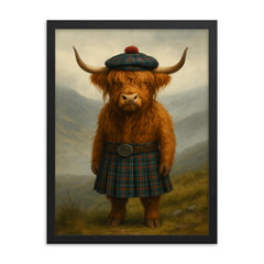 A Scottish Highland Cow wearing a kilt and tam o' shanter on a misty hill framed print on a plain backdrop in size 18"x24".