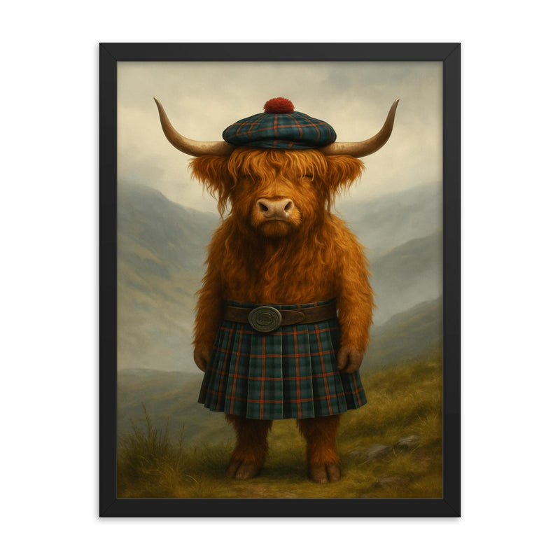 A Scottish Highland Cow wearing a kilt and tam o' shanter on a misty hill framed print on a plain backdrop in size 18