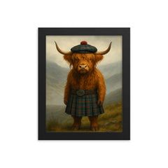 A Scottish Highland Cow wearing a kilt and tam o' shanter on a misty hill framed print on a plain backdrop in size 8"x10".