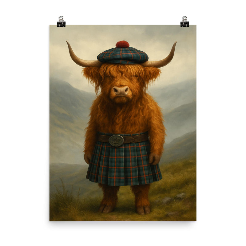 A Scottish Highland Cow wearing a kilt and tam o' shanter on a misty hill poster on a plain backdrop in size 8