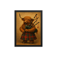 A Scottish Highland Cow wearing a tartan kilt and playing the bagpipes framed print on a plain backdrop in size 12"x16".