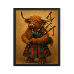 A Scottish Highland Cow wearing a tartan kilt and playing the bagpipes framed print on a plain backdrop in size 16"x20".
