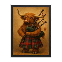 A Scottish Highland Cow wearing a tartan kilt and playing the bagpipes framed print on a plain backdrop in size 18"x24".