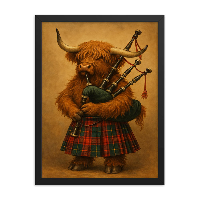 A Scottish Highland Cow wearing a tartan kilt and playing the bagpipes framed print on a plain backdrop in size 18